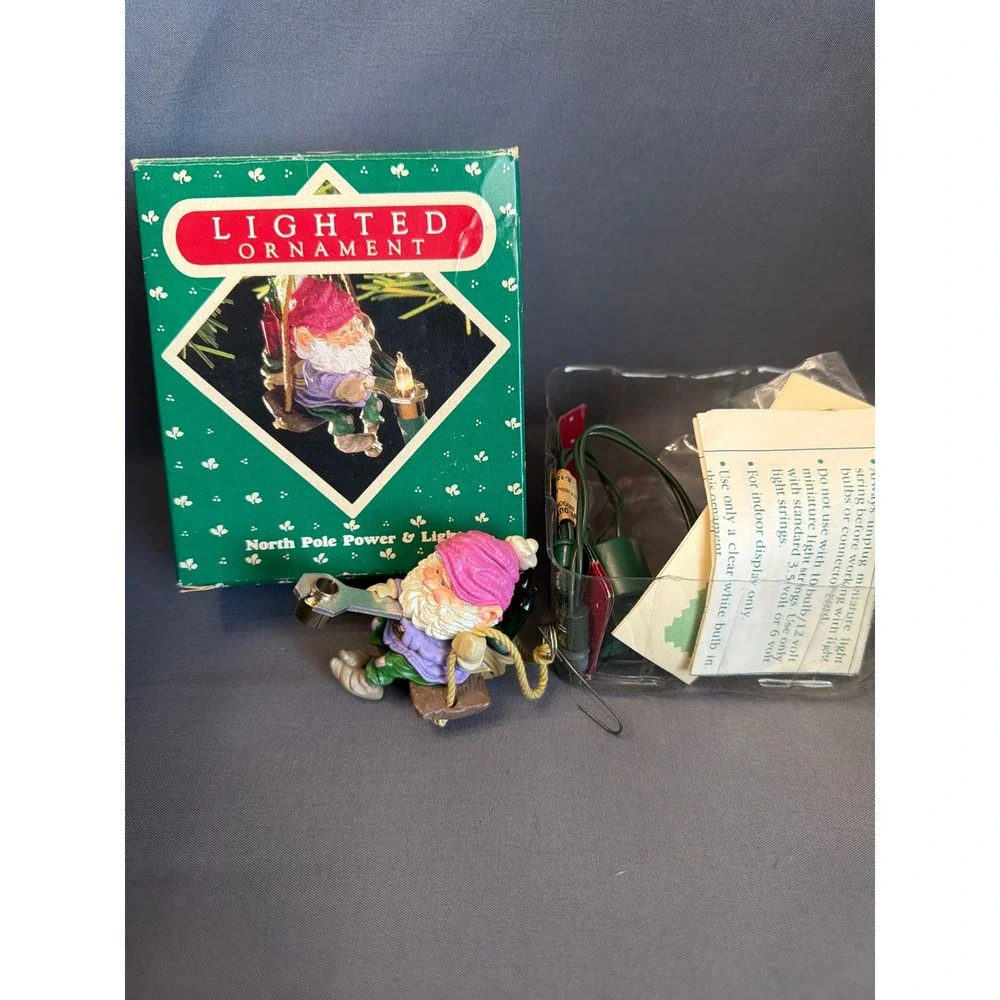 Vintage North Pole Power & Light Gnome Lighted Christmas Ornament with Wrench